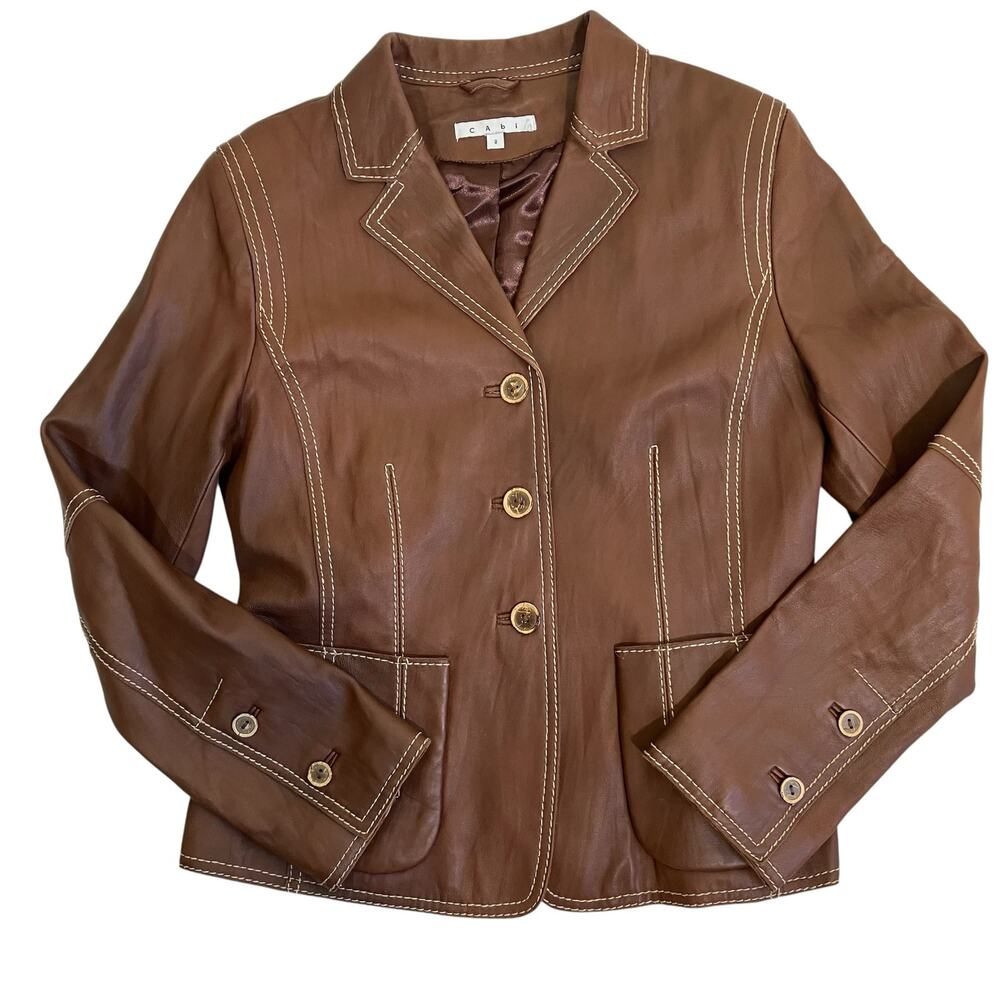 Cabi Vintage Y2K Chocolate Brown Leather Jacket Blazer Retro 70s Button-front - Picture 9 of 16